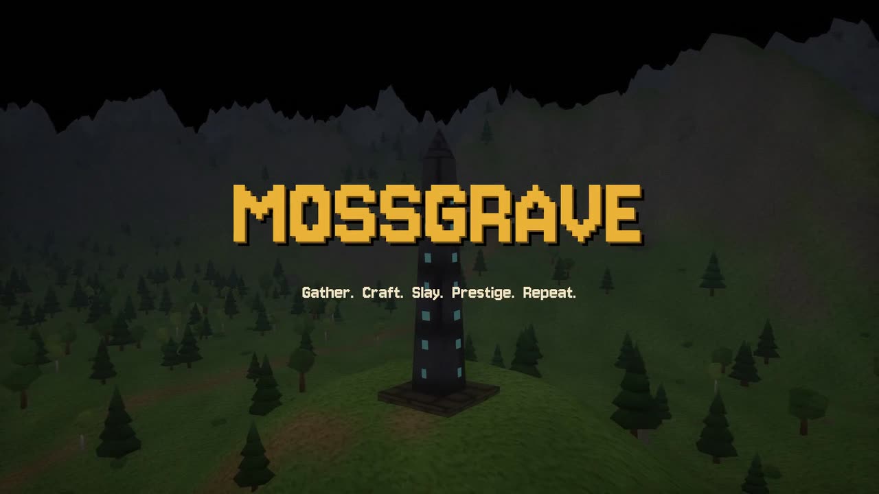 Mossgrave title screen: the pixel logo over a dark forest and the Monument tower